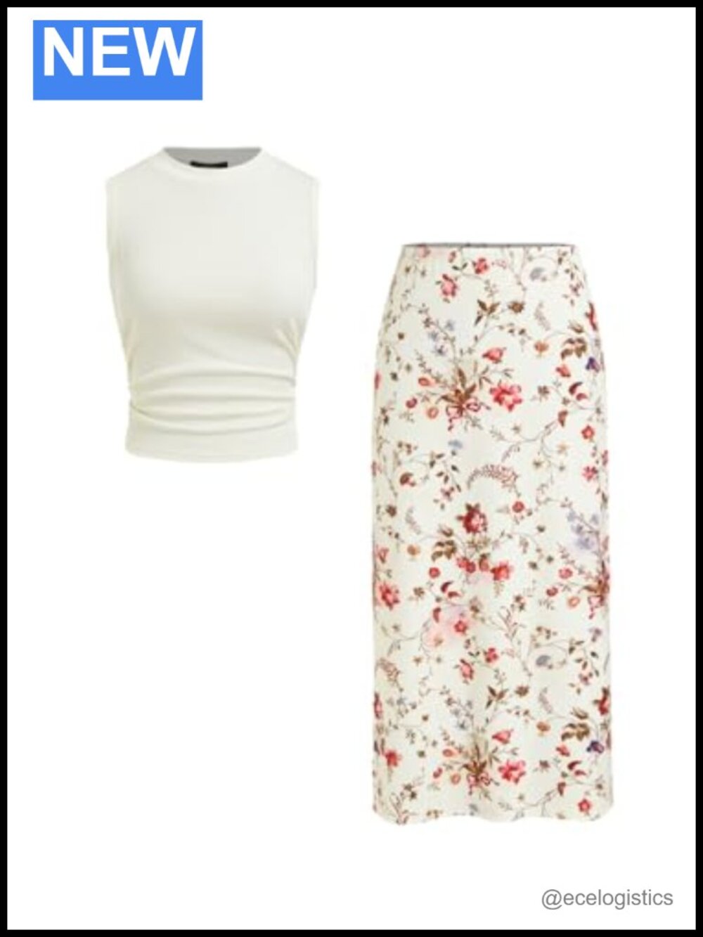 Women's Two Piece Skirt Set Ruched Tank Crop Top Floral Midi Skirt Sleeveless